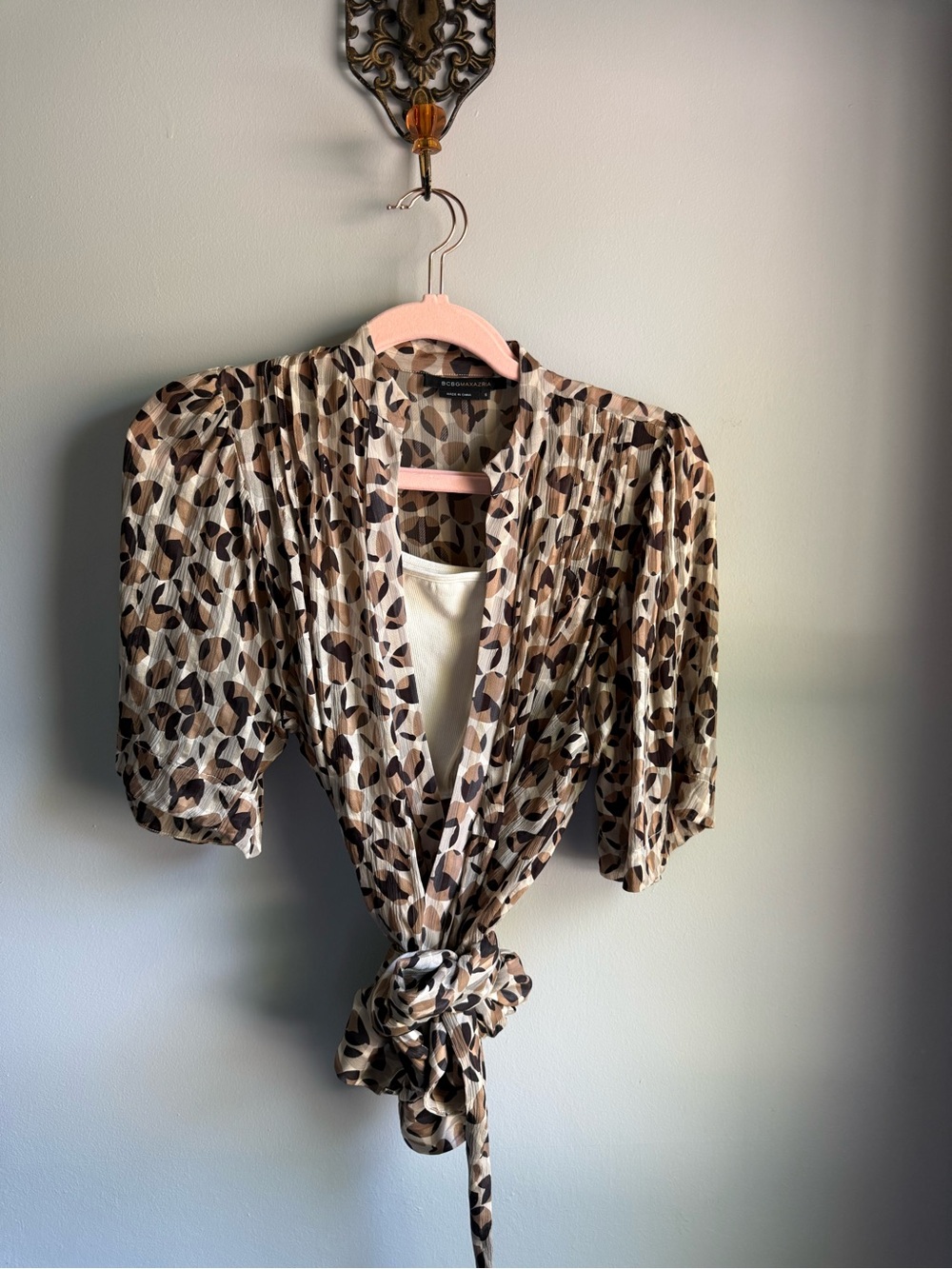 BCBGMaxAzria Black, Brown and Cream Geometric Print 100% Silk Blouse Size S
